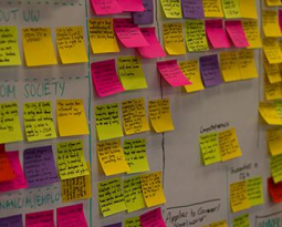 Whiteboard covered in post-it notes